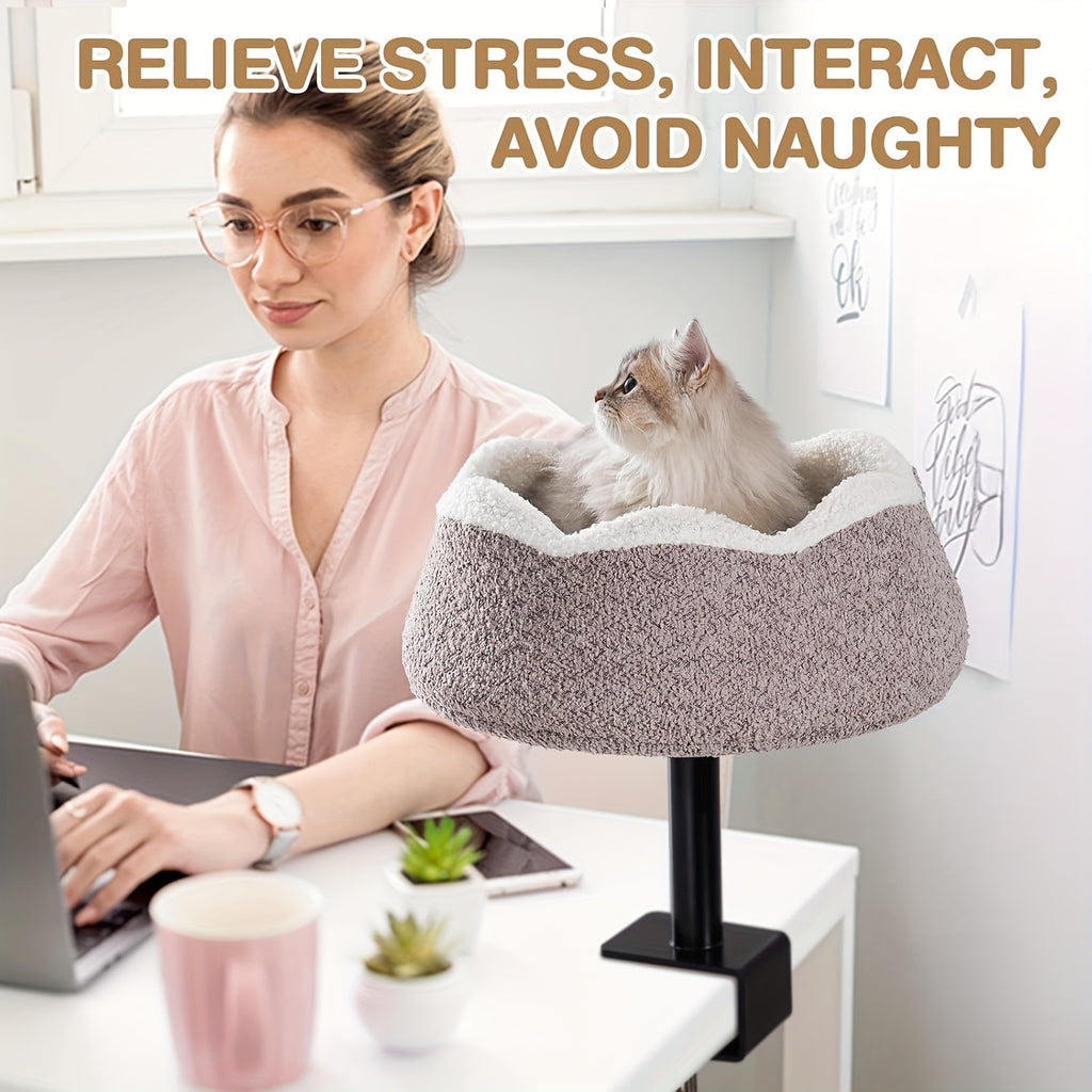 MEWOOFUN 360° Rotating & Adjustable Height Cat Desk Bed - Alloy Steel Frame, Removable Washable Plush Perch with Wrap-Around Edges, Ergonomic Desktop Cat Furniture for Home Office Safety & Comfort, Petfriendly Workspace, Stable Structure